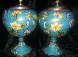 Pair Antique Chinese Cloisonne Lidded Vases Jars - Late 19th Early 20th Century