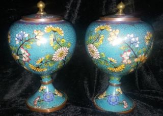 Pair Antique Chinese Cloisonne Lidded Vases Jars - Late 19th Early 20th Century 2