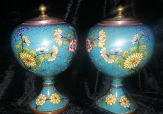 Pair Antique Chinese Cloisonne Lidded Vases Jars - Late 19th Early 20th Century 3