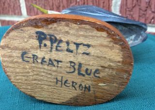 Vintage Peter Peltz Carved & Painted Wood Folk Art Bird - GREAT BLUE HERON 9