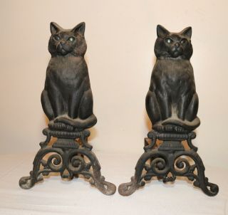 Vintage Heavy Cast Iron Figural Black Cat Glass Eye Fireplace Andirons