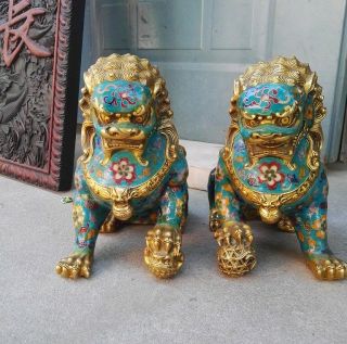 Chinese Bronze Copper Cloisonne Foo Fu Dog Guardion Door Lion Ball Statue Pair