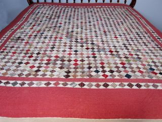 Antique Patchwork Postage Stamp Quilt Hand Pieced Stitched Red White 77 By 64