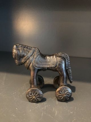 Antique Bronze Horse Indian Temple Toy Metal Horse Wheels Cast Bronze