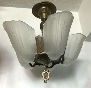 Antique Frosted Glass Gold And Silver Art Deco Slip Shade Ceiling Light Fixture