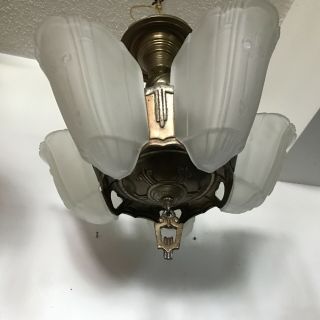 Antique frosted glass gold and silver Art Deco slip shade ceiling light fixture 5