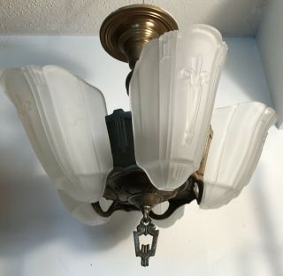 Antique frosted glass gold and silver Art Deco slip shade ceiling light fixture 6