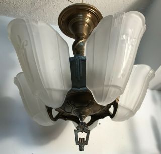 Antique frosted glass gold and silver Art Deco slip shade ceiling light fixture 7