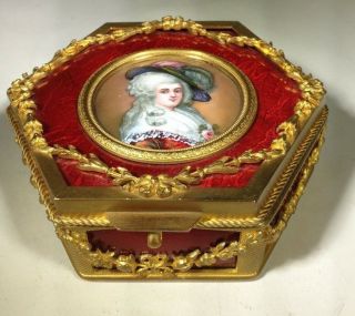 Antique French Gilt Bronze Guilloche Casket Box With Enamel Miniature Painting 6