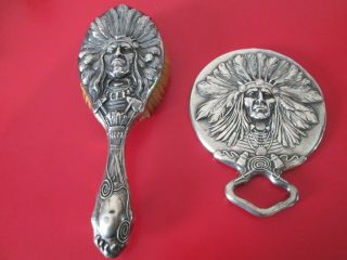 Rare - Unger Brothers - Indian Chief Pattern - Sterling Hand Mirror & Brush Set