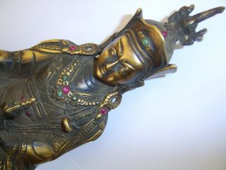 Bejewelled Chinese Gilt Bronze Temple Buddha God Figure Turquoise And Red Stones