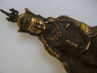 BEJEWELLED CHINESE GILT BRONZE TEMPLE BUDDHA GOD FIGURE TURQUOISE AND RED STONES 5
