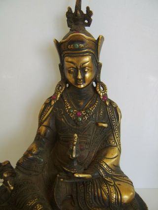 BEJEWELLED CHINESE GILT BRONZE TEMPLE BUDDHA GOD FIGURE TURQUOISE AND RED STONES 6