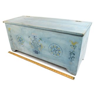 Vtg/antique Hand - Painted Blanket Chest Folk Art Box Baby Blue Trunk Floral Motif