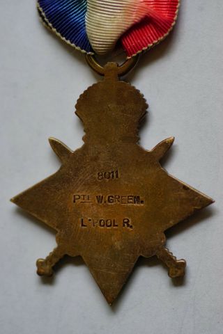 1914 British Star (Mons Star) World War I Medal - Private W.  Green Liverpool 3