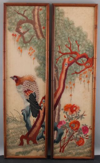 Pr Antique 1930s Japanese Bird of Prey,  Silk Embroidery Diptych Panels 2