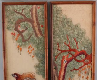 Pr Antique 1930s Japanese Bird of Prey,  Silk Embroidery Diptych Panels 3