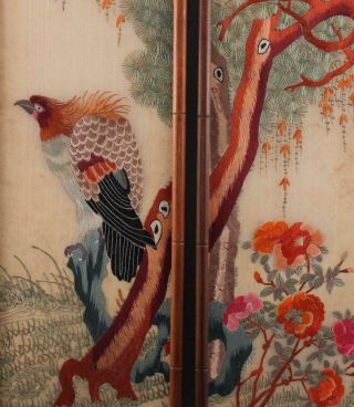Pr Antique 1930s Japanese Bird of Prey,  Silk Embroidery Diptych Panels 4