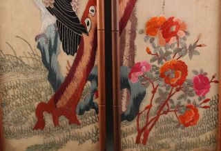 Pr Antique 1930s Japanese Bird of Prey,  Silk Embroidery Diptych Panels 5