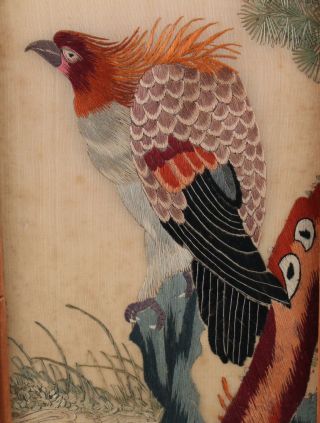 Pr Antique 1930s Japanese Bird of Prey,  Silk Embroidery Diptych Panels 6