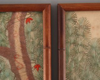 Pr Antique 1930s Japanese Bird of Prey,  Silk Embroidery Diptych Panels 8