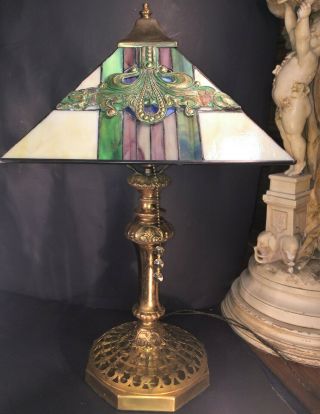 Fine Antique French Art Nouveau/ Deco Brass,  Leaded Slag Glass Table Lamp C1920