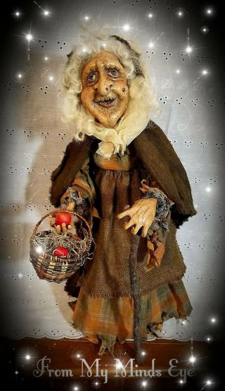 Primitive Folkart Halloween Snow White Witch Old Crone Hag Ooak Signed Art Doll
