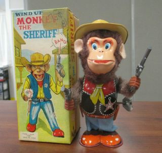 Vintage Nomura Japan Wind Up Tin Litho Monkey The Sheriff Toy W/orig Box