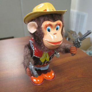 Vintage NOMURA JAPAN WIND UP TIN LITHO MONKEY THE SHERIFF TOY w/ORIG BOX 3