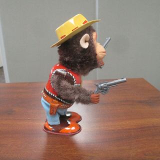 Vintage NOMURA JAPAN WIND UP TIN LITHO MONKEY THE SHERIFF TOY w/ORIG BOX 4