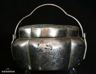 Antique Chinese Qing Paktong Silver & Champleve Enamel Hand Warmer
