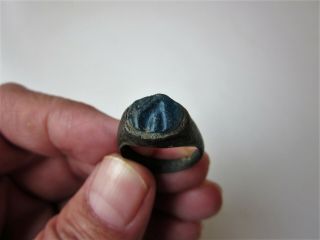 Ancient Roman Bronze Ring With Blue Gem Stone Glass I - 3 A.  D.