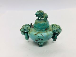 Antique Chinese Carved Blue Turquoise Foo Dog Miniature Small Covered Urn Box