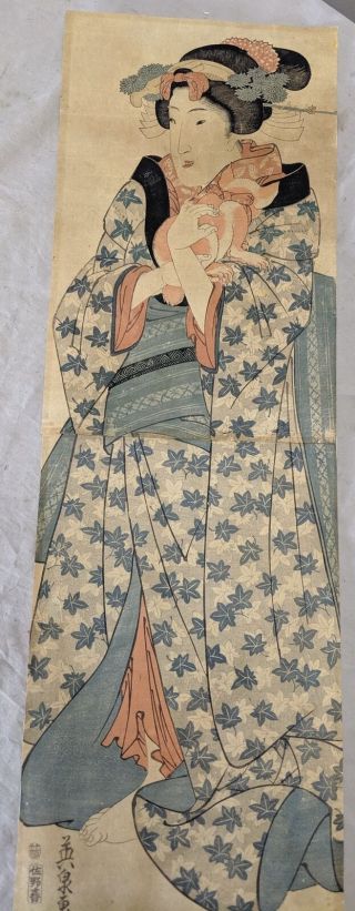 19th Century Keisei Eisen Japanese Woodblock Print Beauty & Cat