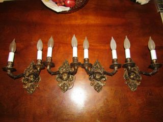 4 Bronze Antique Sconces Rewired Switches Work Smoothly Finials Hardware - Rare