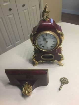 Swiss Vintage Neuchatel Eluxa Mantel Clock W/wall Shelf (burgandy & Gold)