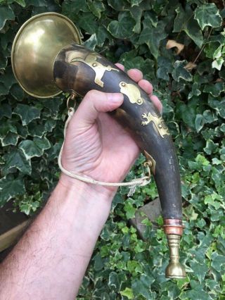 Antique Hunting Horn Cow Horn Brass And Copper Ceramonial Hunting Horn