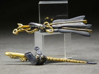 60mm Long Arrow & Bow Menuki Japanese Samurai Tsuba Fitting Antique Vintage