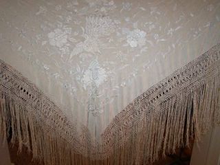 Vintage Canton Silk Embroidered Ivory Color Ecru Piano Shawl Birds Flowers 102 "