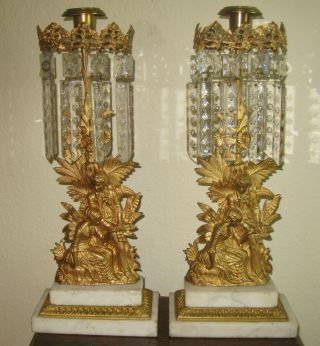 19th C.  Girandole Candle Holders Gilt Bronze Double Marble Base Snowflake Prisim