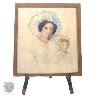 Georgian Antique Miniature Portrait Painting Signed 1833 Mother & Child