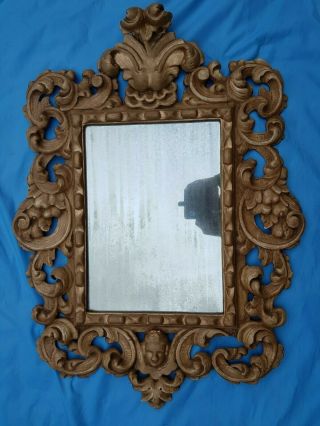 Large Mirror Italian Renaissance Style,  Carved Wood,  Painted,  Golden Patina,  19th