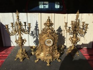 Antique Brass Clock And Candelabras
