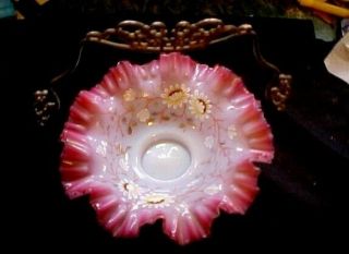 Antique Victorian Pink Satin Glass Brides Basket W/ Raised Enamel Decoration N/r