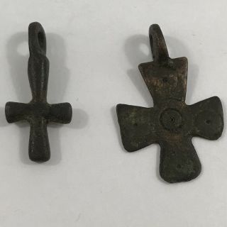 2 X Ancient Byzantine Bronze Crosses 3cm X 2.  9cm & 2.  6cm X 1.  15cm