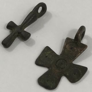 2 X Ancient Byzantine Bronze Crosses 3cm X 2.  9cm & 2.  6cm X 1.  15cm 3