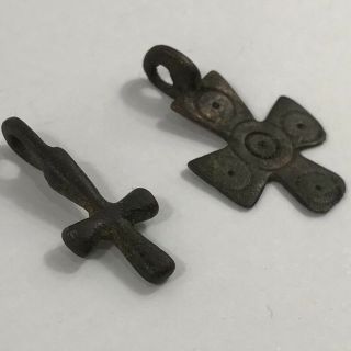 2 X Ancient Byzantine Bronze Crosses 3cm X 2.  9cm & 2.  6cm X 1.  15cm 4