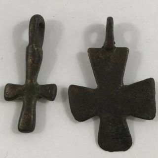2 X Ancient Byzantine Bronze Crosses 3cm X 2.  9cm & 2.  6cm X 1.  15cm 5