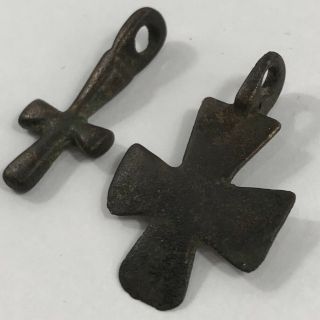 2 X Ancient Byzantine Bronze Crosses 3cm X 2.  9cm & 2.  6cm X 1.  15cm 7
