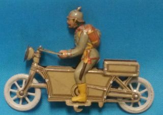 Vintage Tin German Military Motorcycle And Rider Penny Toy By Meier